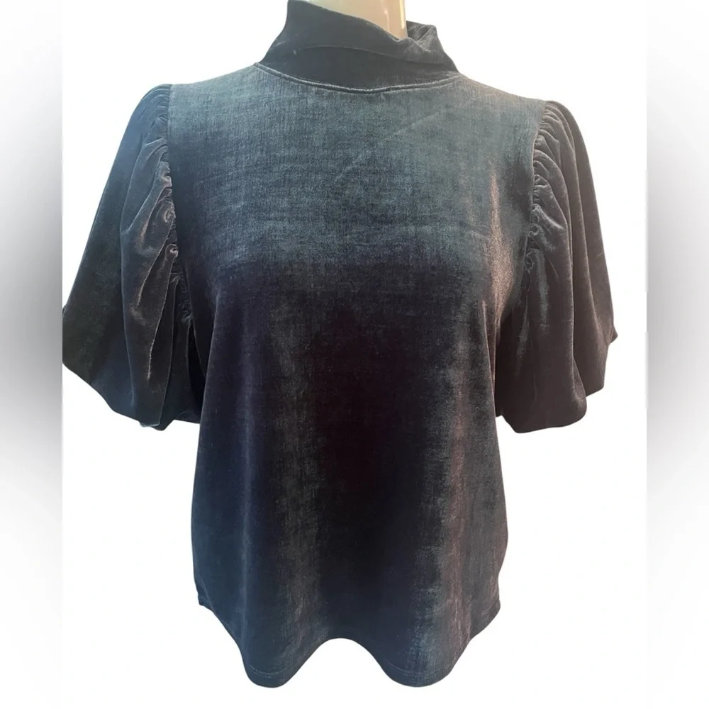 Free People Claudia Blue Velvet Puff Sleeve Blouse size XS